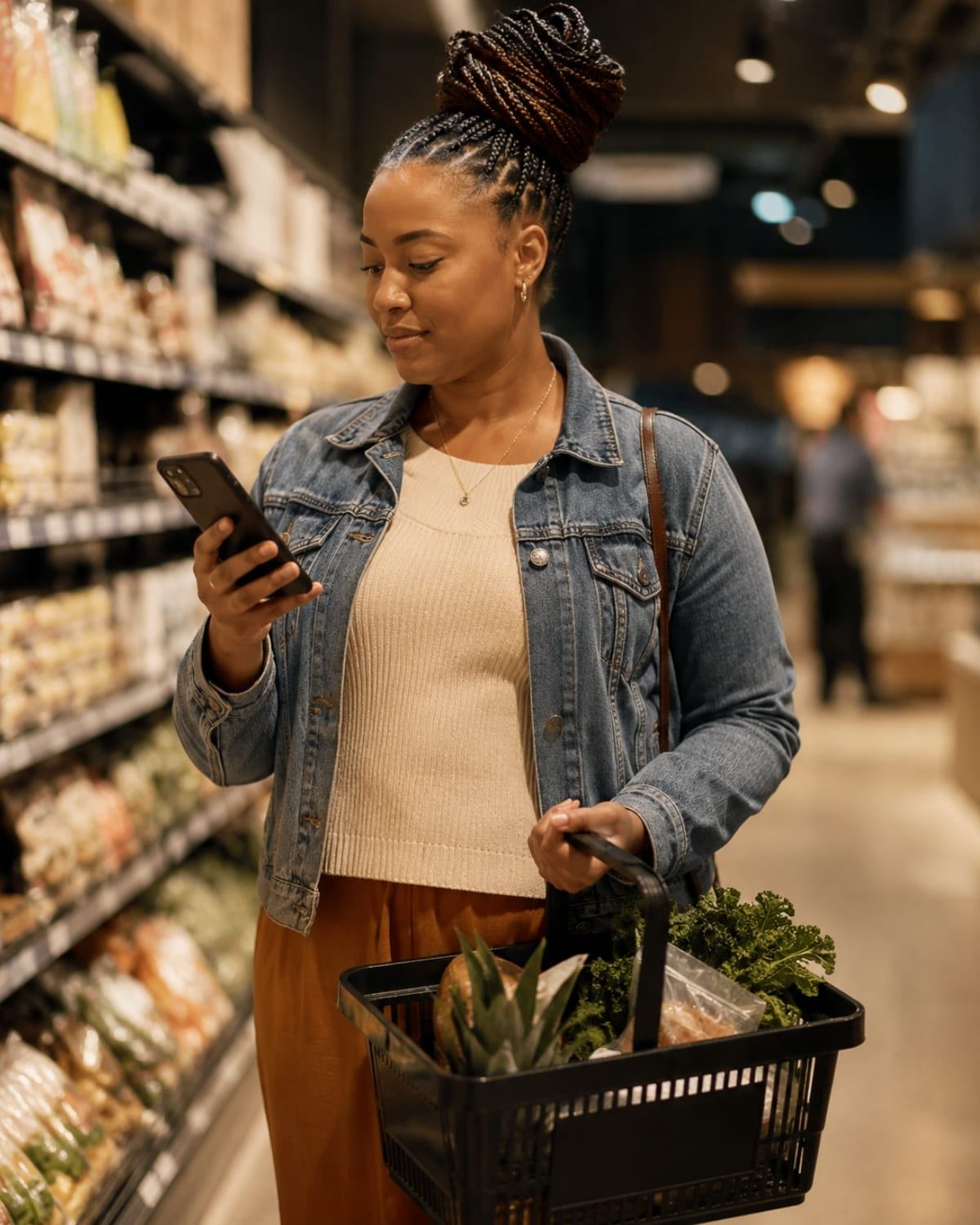 A member checking her available offers on her phone while shopping